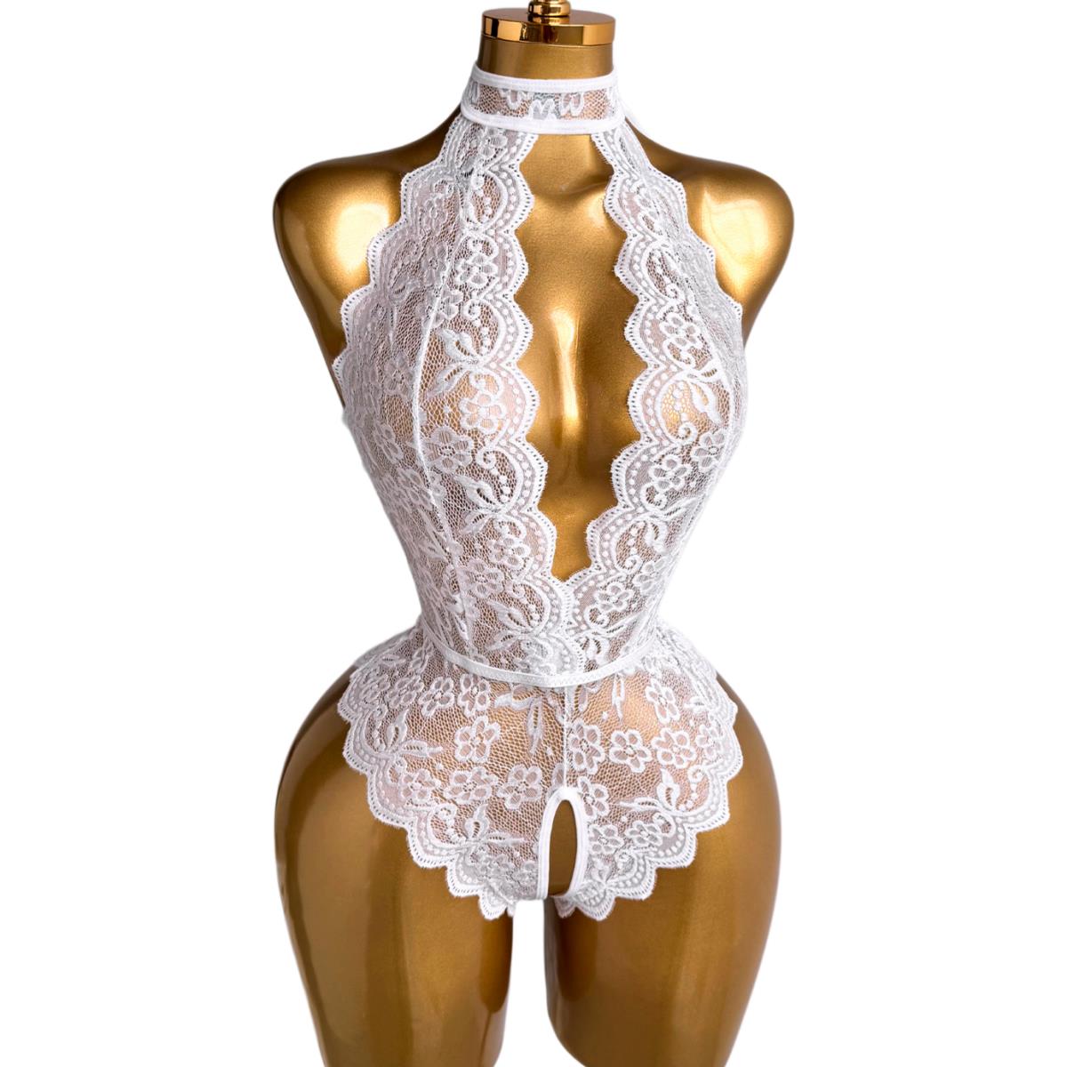 White Halter Neck Floral Lace  - Lace Teddy Lingerie 评论和价格